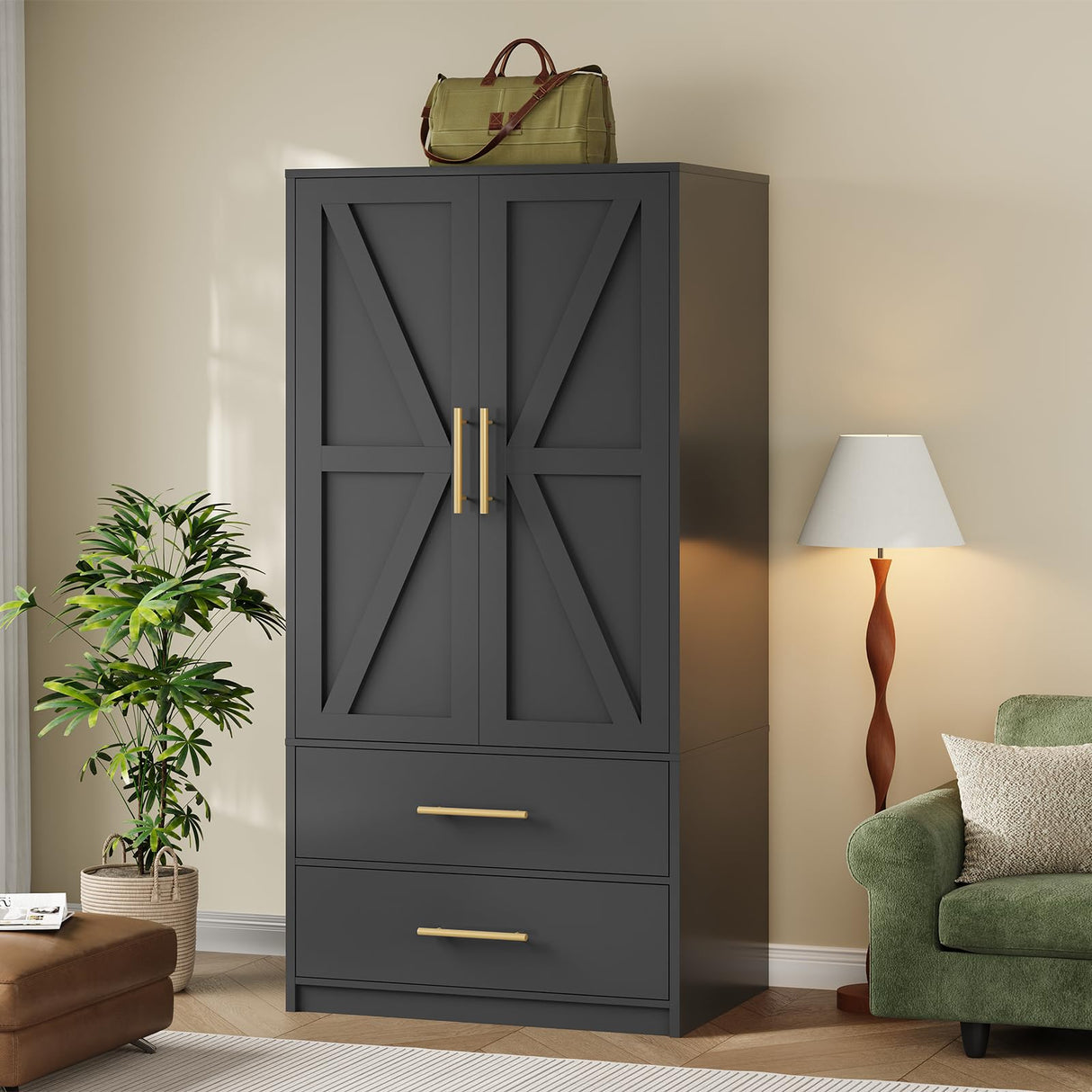 HOOBRO Armoire Wardrobe Closet, Wardrobe Closet with Doors and 2 Drawers, Bedroom Armoire with Hanging Rod, Tall Armoire for Bedroom, Wooden Clothing Storage Cabinet, Black HOOBRO