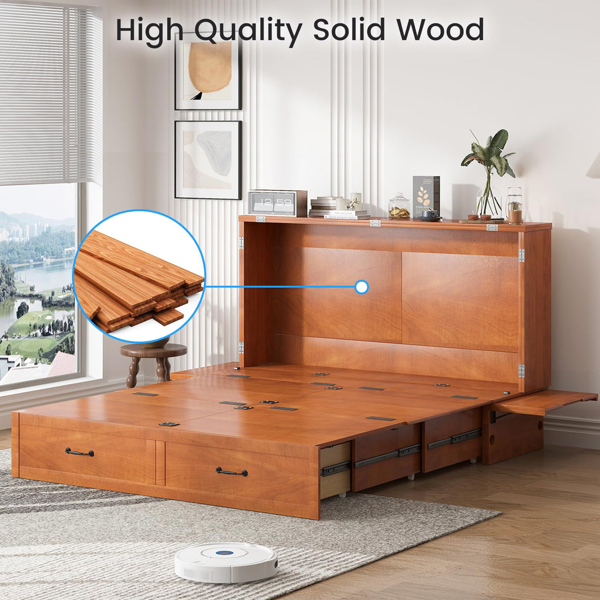 PUREMIND Queen Murphy Bed Cabinet with Mattress Included, Cabinet Beds with Storage Drawers, Murphy Chest Bed with USB Charging Station, Horizontal Murphys Wallbed for Bedroom, Guest Room PUREMIND