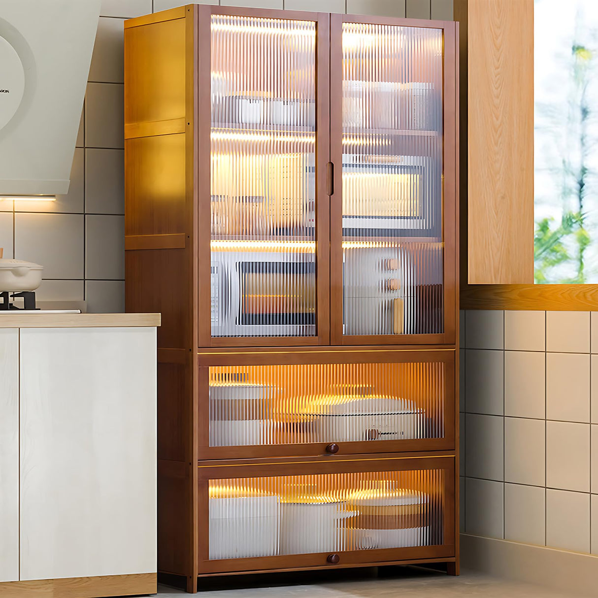 Premium 67" Bamboo Kitchen Storage Buffet with Acrylic Doors & Versatile Shelves TVMCNA