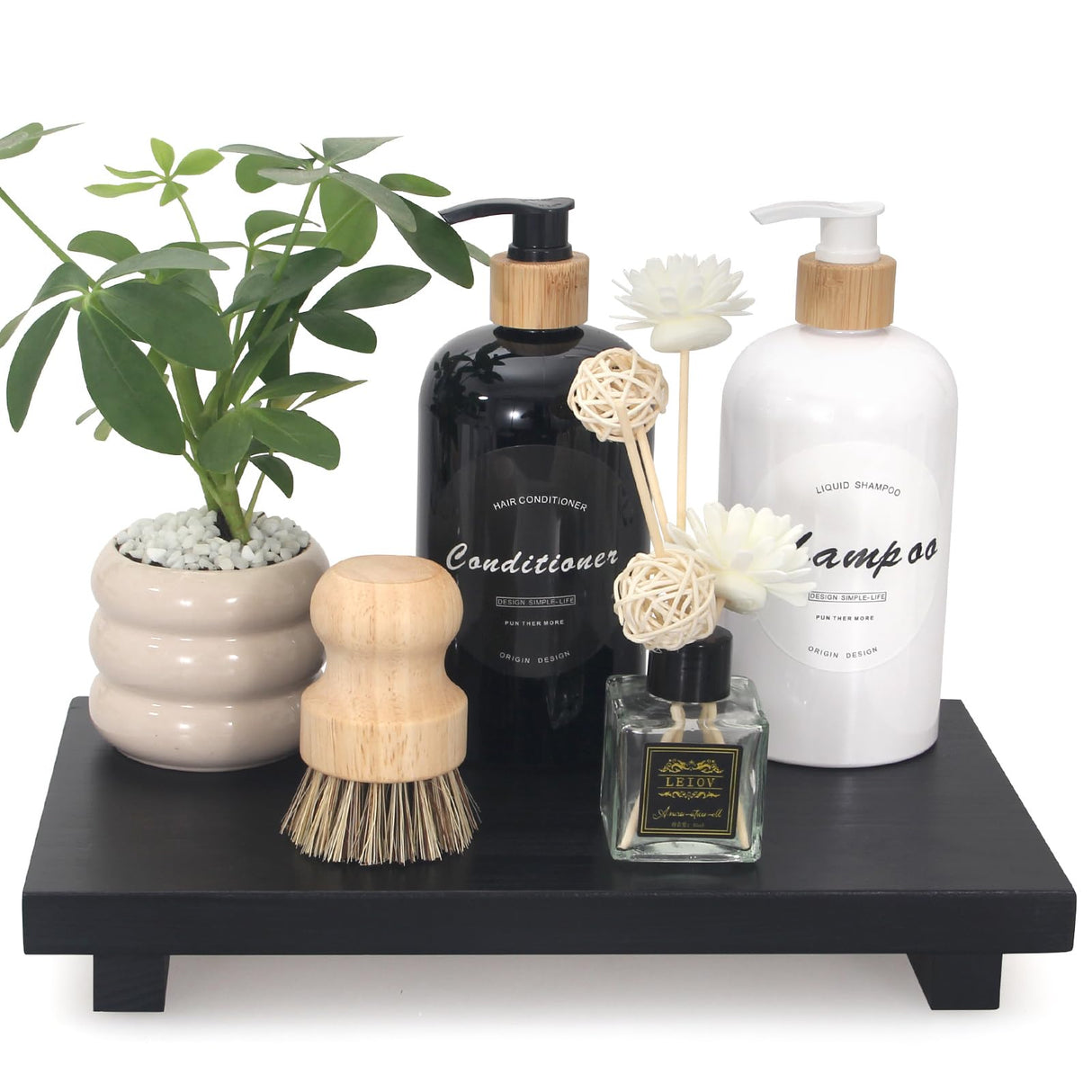 Farmhouse Black Bathroom Tray Organizer Wooden Dish Soap Dispenser Tray Kitchen Sink Tray for Bathroom Counter Decor Wood Riser Pedestal Stand Decorative Bathroom Vanity Accessories Soap Holder Tray Ayiaren