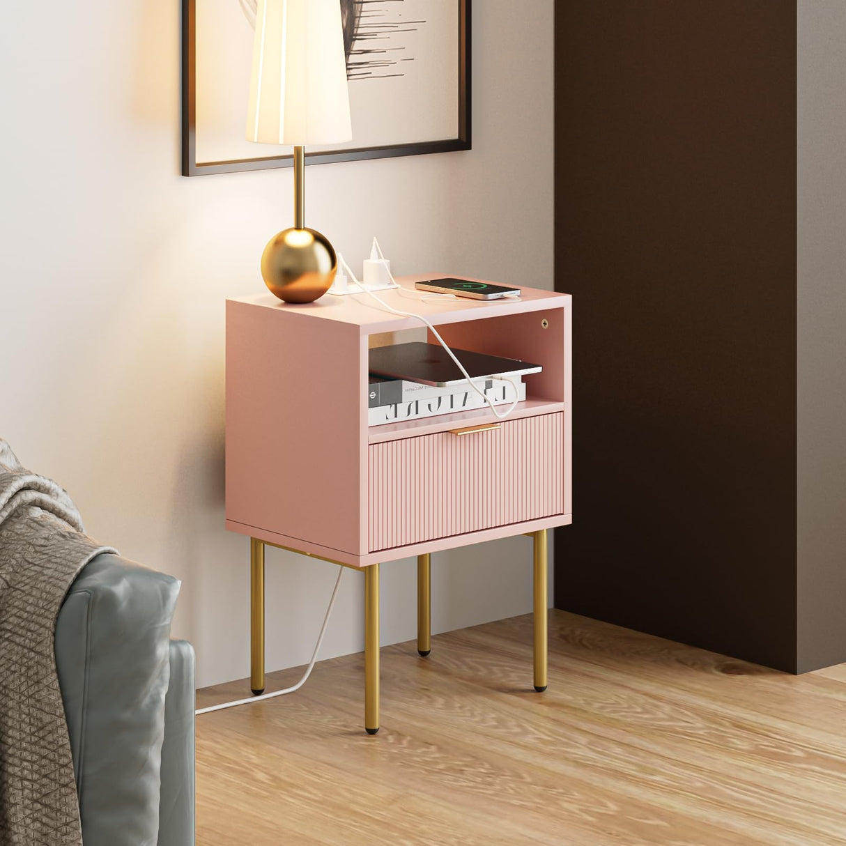 Masupu Nightstand with Charging Station,Mid-Century Modern Bedside Table with Storage Drawer and Open Wood Shelf,Small Gold Frame Side Table for Bedroom,Living Room (Pink) Masupu