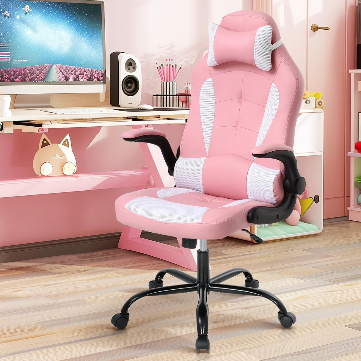 Gaming Chair for Adult, Kids Pink Office Desk Chair Ergonomic High Back Computer Chair with Lumbar Support Flip-up Arms Headrest PU Leather Swivel Task Chair for Girls Dkeli