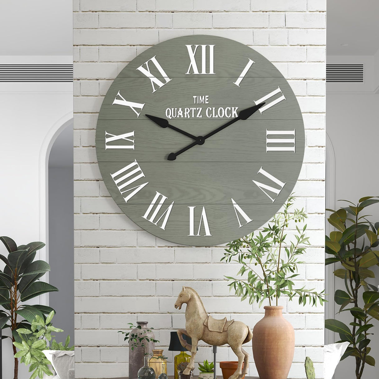 ARTPOWER Large Farmhouse Wall Clock, 35.5” Shiplap Wall Clock with Roman Numeral, Nearly Non-Ticking, Round Wall Clocks for Living Room Decor, Office, Bedroom, Entrance, Sage Green ARTPOWER