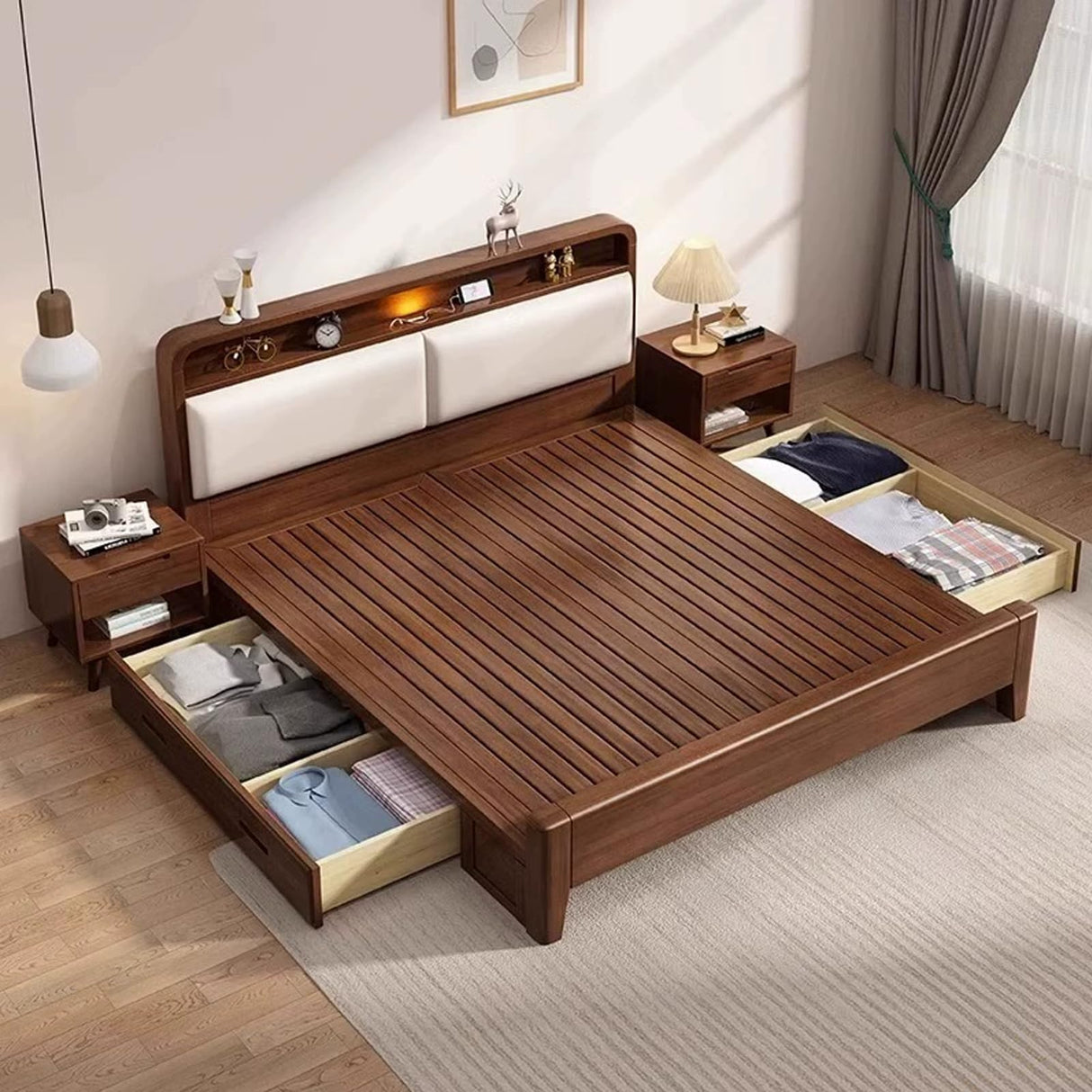 Solid Wood Farmhouse Bed Frame Set with Mattress and Nightstands, Walnut Finish BaFra