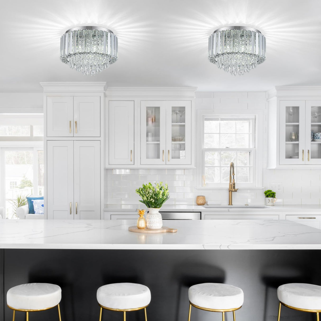 HOPGGIE 11.8 Inch Crystal Chandelier Modern Chandelier Light Mini Chandelier Semi Flush Mount Ceiling Light Fixture Small Chandelier for Bedroom Hallway Kitchen Foyer Closet (Chrome) HOPGGIE