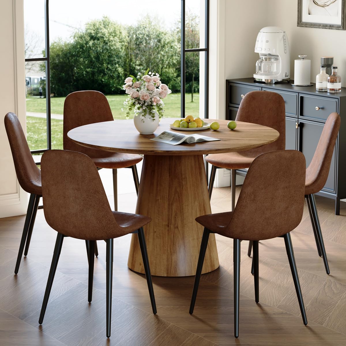 BAOPIN Round Dining Table Set for 6, 45''Round Wooden Dining Set with Cushioned Chairs, Round Table and Chair Set for Kitchen and Living Room (Wood Table+Style 1 Brown Chairs, 45'' Table+6 Chairs) BAOPIN