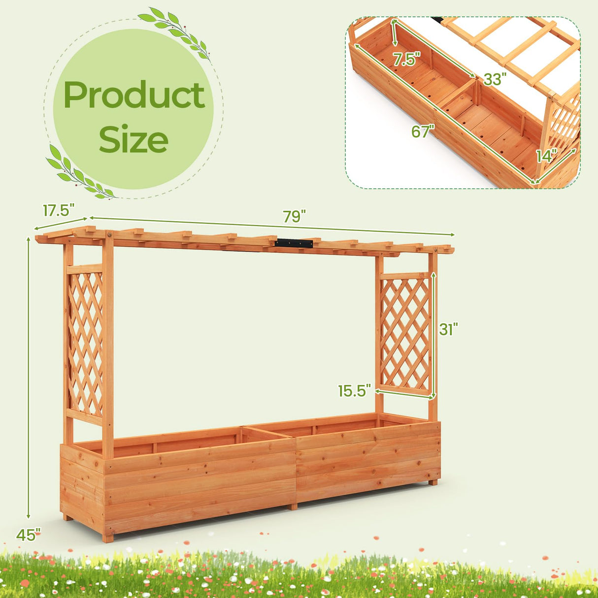 HAPPYGRILL Raised Garden Bed with Trellis, Wood Elevated Garden Bed with Hanging Roof, Planter Box, Drainage Holes for Climbing Plants, Flowers, Vegetables, Outdoor Planting Bed for Garden Patio Yard HAPPYGRILL