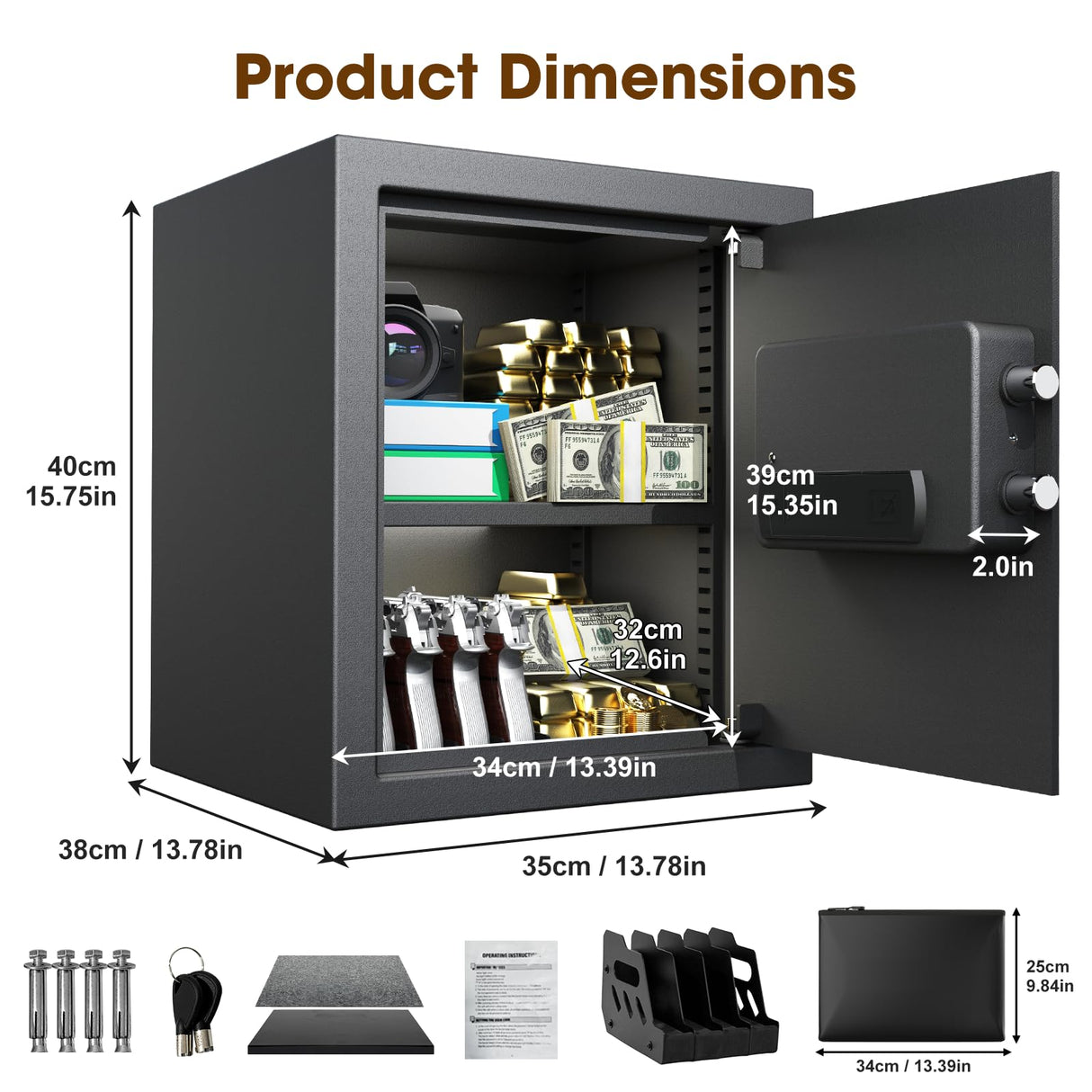 2.3 Cu.Ft Modern Fireproof Safe with Gun Rack – Dual Passwords, Fireproof Bag, Adjustable Shelf, Anti-Scratch Mat & Mounting Kit, Fits Laptop, Documents & Valuables, 15.75"D x 13.78"W x 13.78"H GOLDENKEY