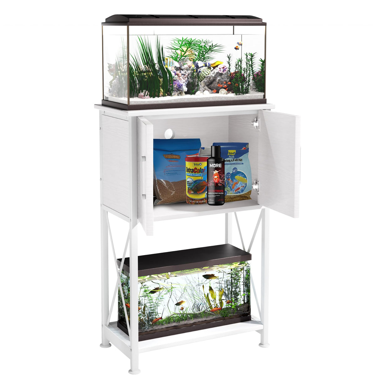 Herture 5-10 Gallon Fish Tank Stand, Metal Double Aquarium Stand with Cabinet for Fish Tank Accessories Storage, Heavy Duty 20.5" L* 11.02" W Tabletop, 500LBS Capacity White PG06YGW Herture