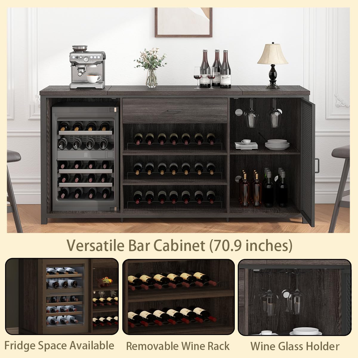 LVB Long Bar Cabinet with Fridge Space, Farmhouse Big Liquor Cabinet with Drawer Storage, Rustic Wood Metal Large Wine Cabinet with Rack, Modern Sideboard Buffet for Kitchen Dining Room, Gray, 70 Inch LVB