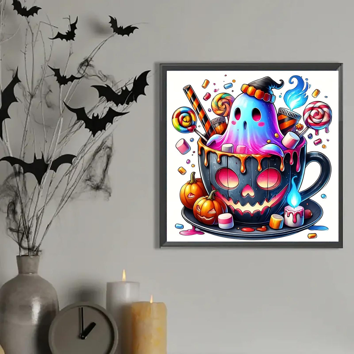 Ghost Pumpkin Cup Diamond Art Kits for Adults, 5D Halloween Diamond Painting Kits for Adults Beginners, DIY Full Round Drill Diamond Dot Painting Gem Art Kits for Adult, Home Wall Decor 13.8x13.8 Inch VCLKDIY