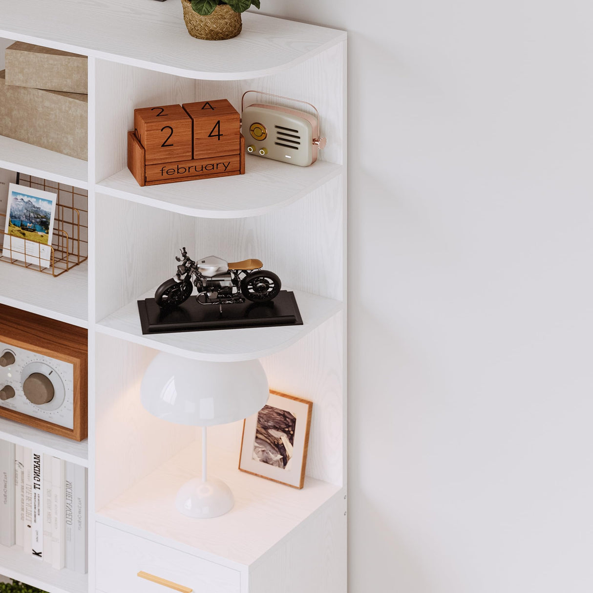 IRONCK Corner Bookshelf and Bookcase with 2 Drawer and 10 Open Shelves, 76.8" Height L Shaped Storage Shelf Corner Combination, for Living Room Home Office, Modern White IRONCK