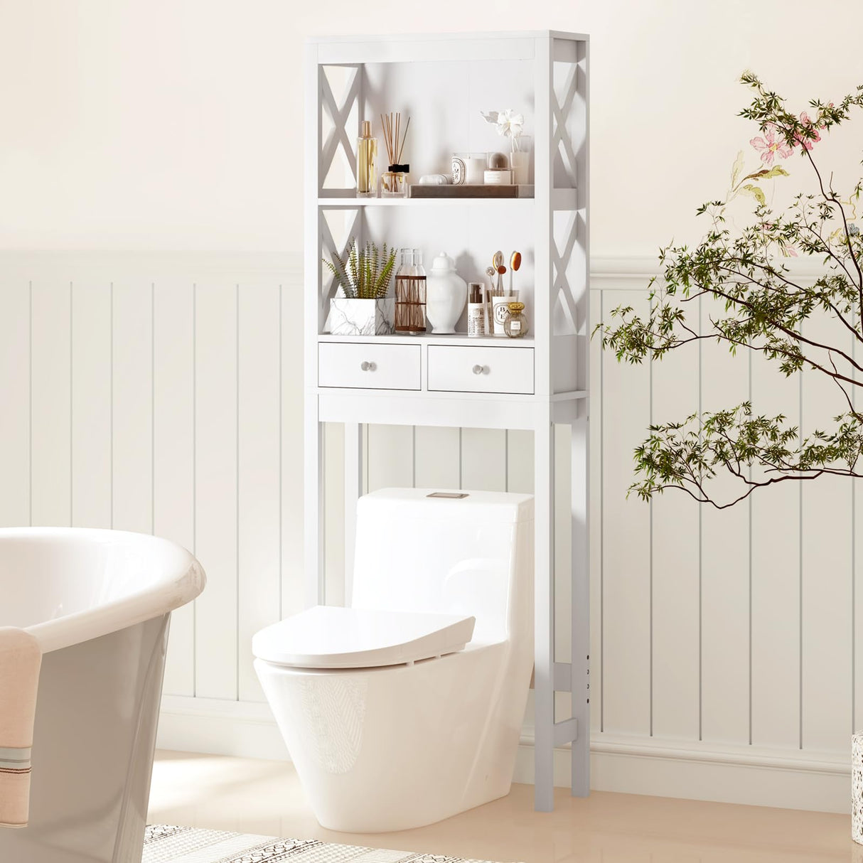 Giantex Over The Toilet Storage Cabinet, 65" Tall Freestanding Bathroom Organizer with Open Shelves, Storage Drawers & Adjustable Bottom Bar, Space Saver Above Toilet Rack for Bathroom, White Giantex