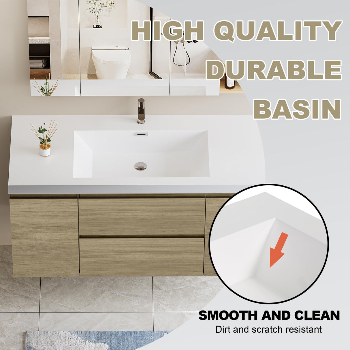 Floating Vanity Bathroom, 48 Inch Bathroom Vanity with Sink, Wall Mounted Single Sink Bathroom Vanity, Soft Closed 2 Drawers, Integrated Sink (Natural Oak) VUMALL