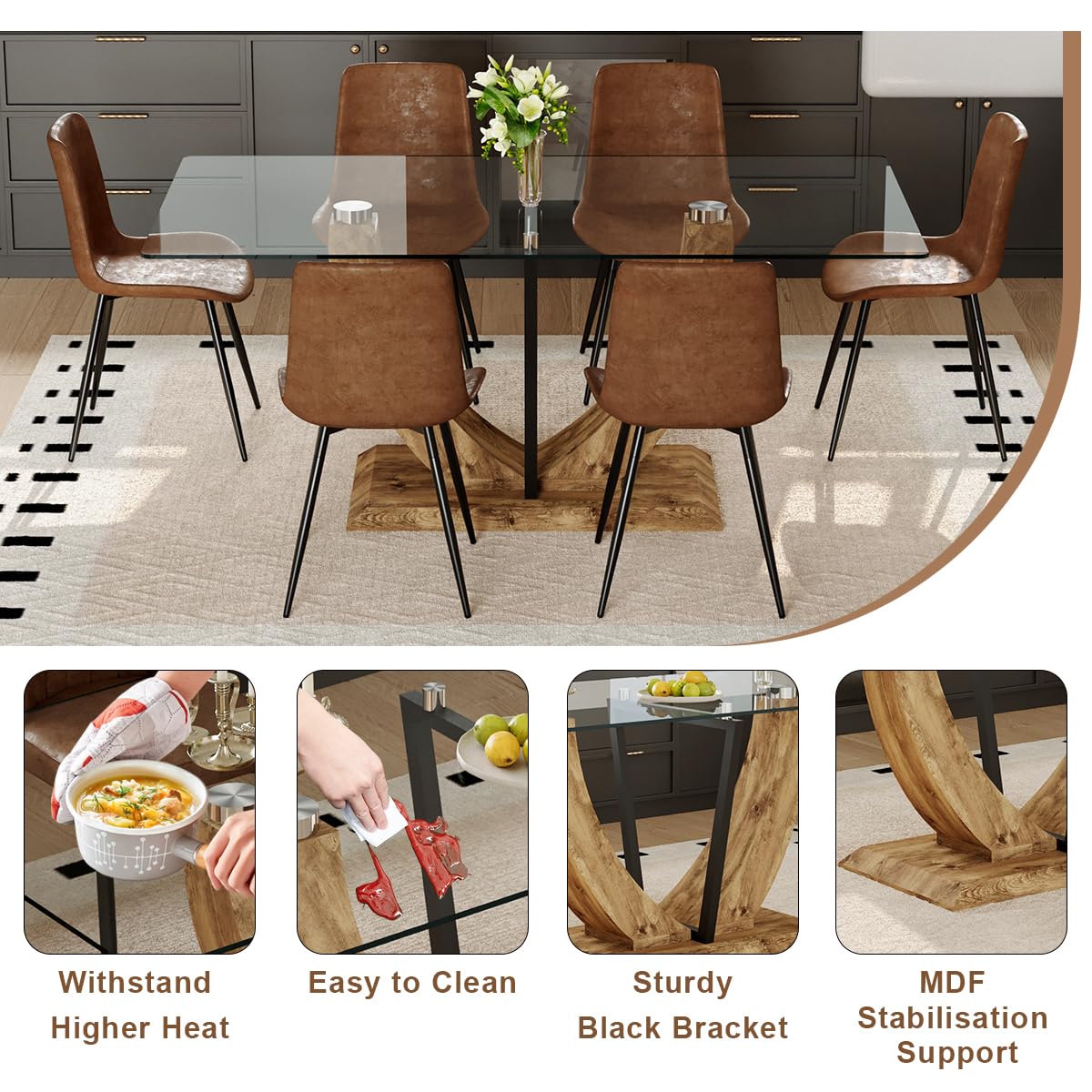 JEARGE 71" Glass Dining Table Set for 8, 9 Piece Dining Table Set,Tempered Glass Table Top with U-Shaped Legs and Fabric Dining Chairs,Ideal for Kitchens, Living Rooms JEARGE