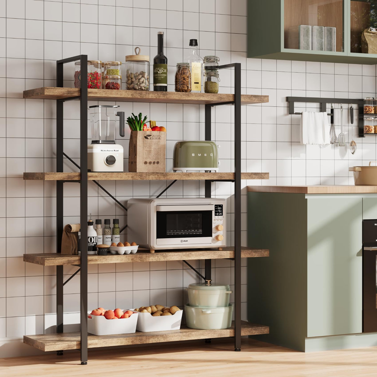 OtterOasis 4-Tier Industrial Bookshelf - Rustic Open Wood Display Shelf for Home & Office OtterOasis