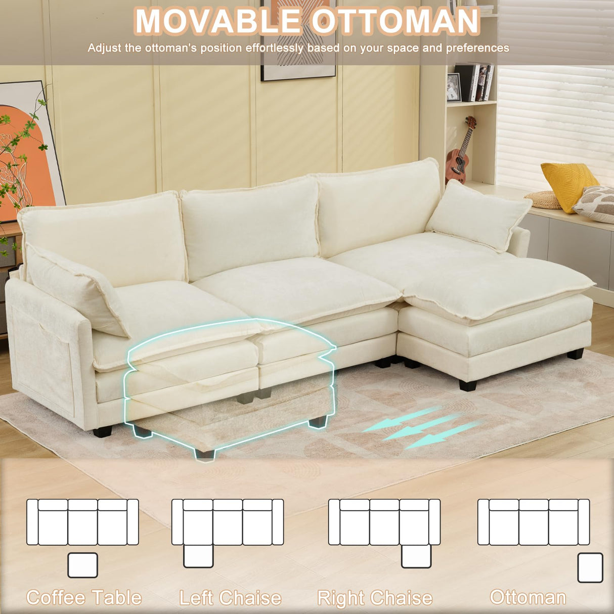 SAMERY Sectional Sofa Cloud Couch, 113" Big Comfy Couch L Shape Sofa Couch for Living Room Extra Deep Seat Sofa Couch Chenille Sofa Sleeper with Ottoman/Pillows, Cream White 3 Seat Sofa Cloud Couch SAMERY