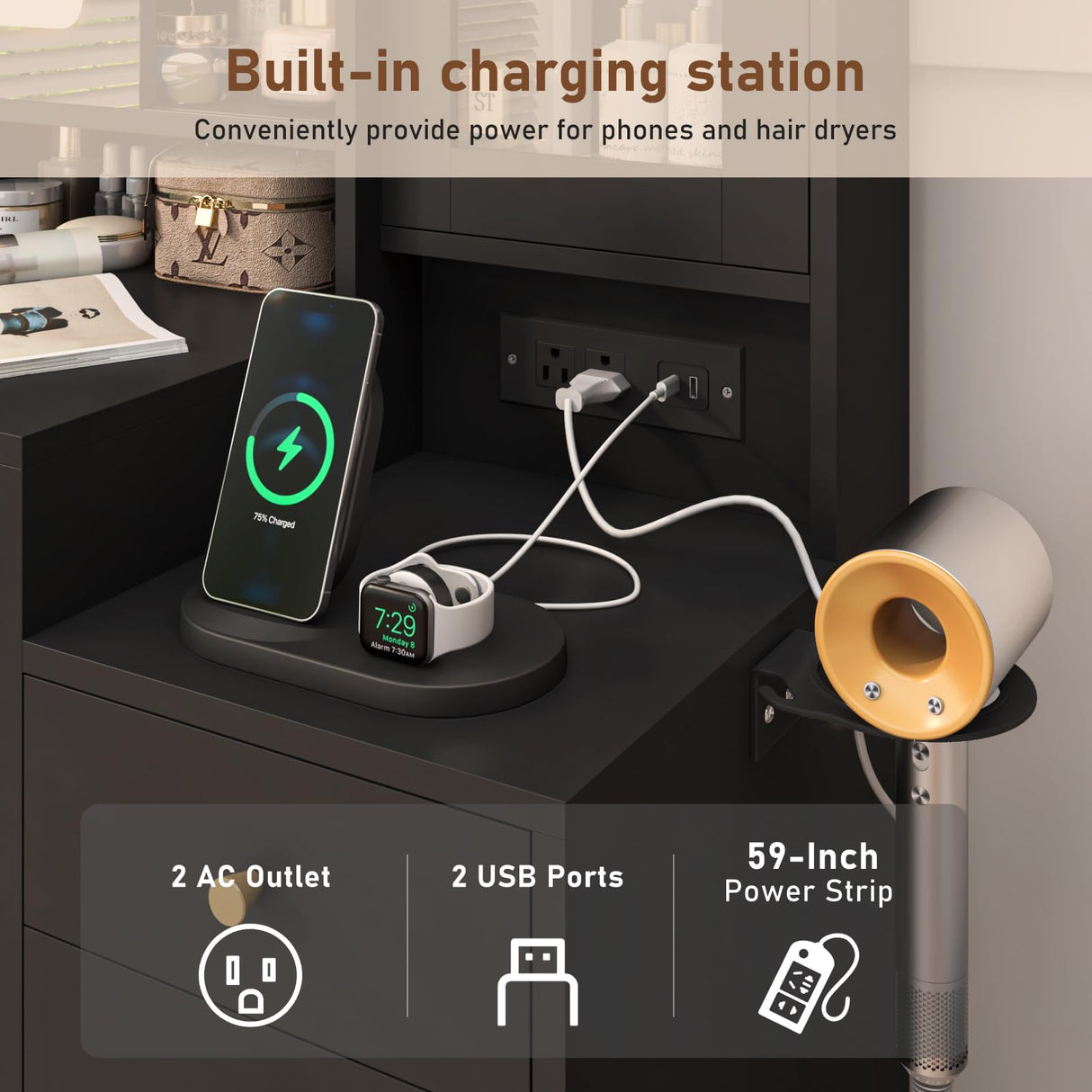 jiteentarou Black Vanity Desk with Sliding Mirror & Lights, Vanity Table Makeup Desk with Charging Station 2 Drawers 2 Doors, Lots Storage Shelves, Large Vanity Set with Cushioned Stool, Black jiteentarou