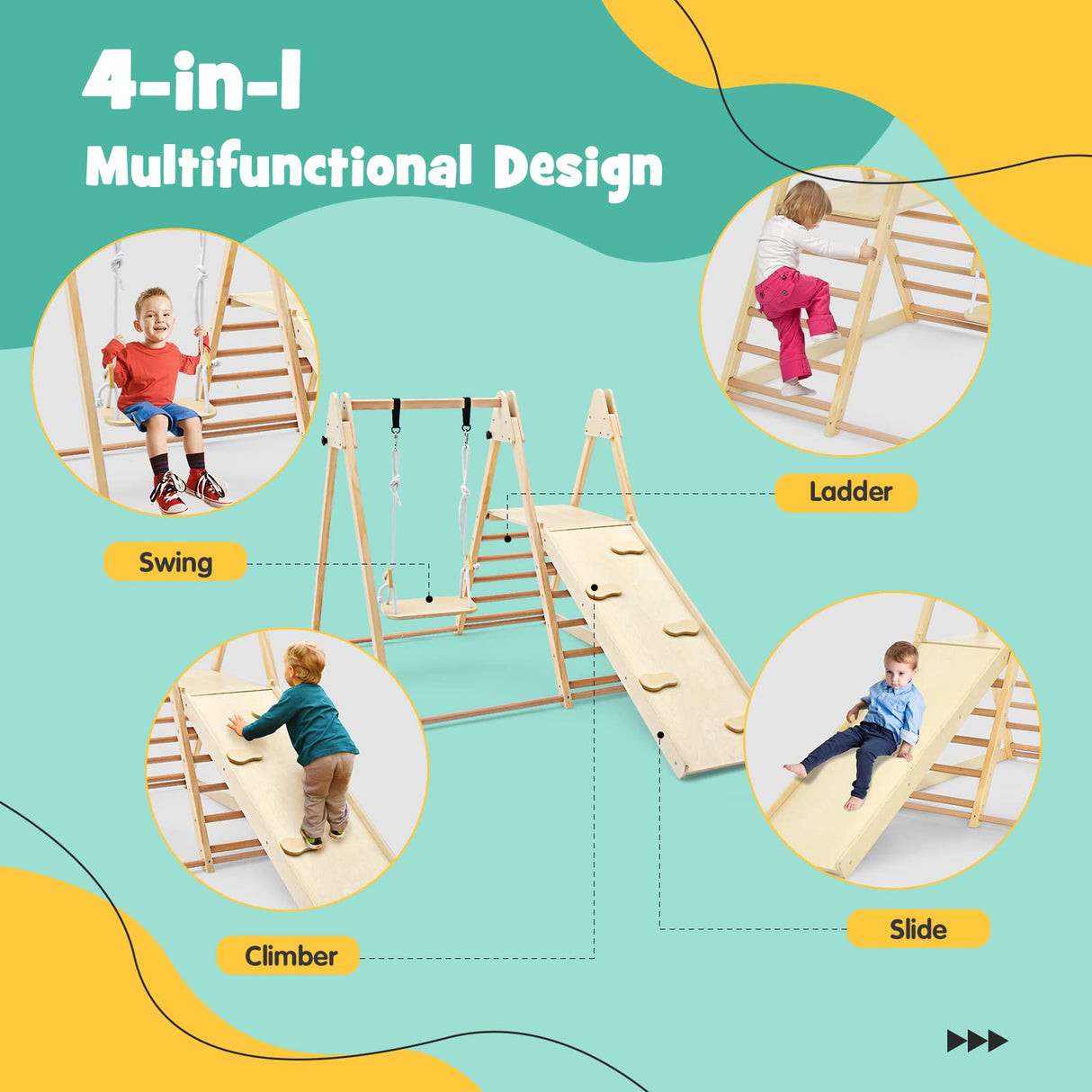OLAKIDS Toddlers Triangle Climbing Set, 4 in 1 Foldable Kids Wood Montessori Climber Ladder with Ramp, Slide and Swing, Indoor Playground Jungle Play Gym Structure for Boys Girls Olakids