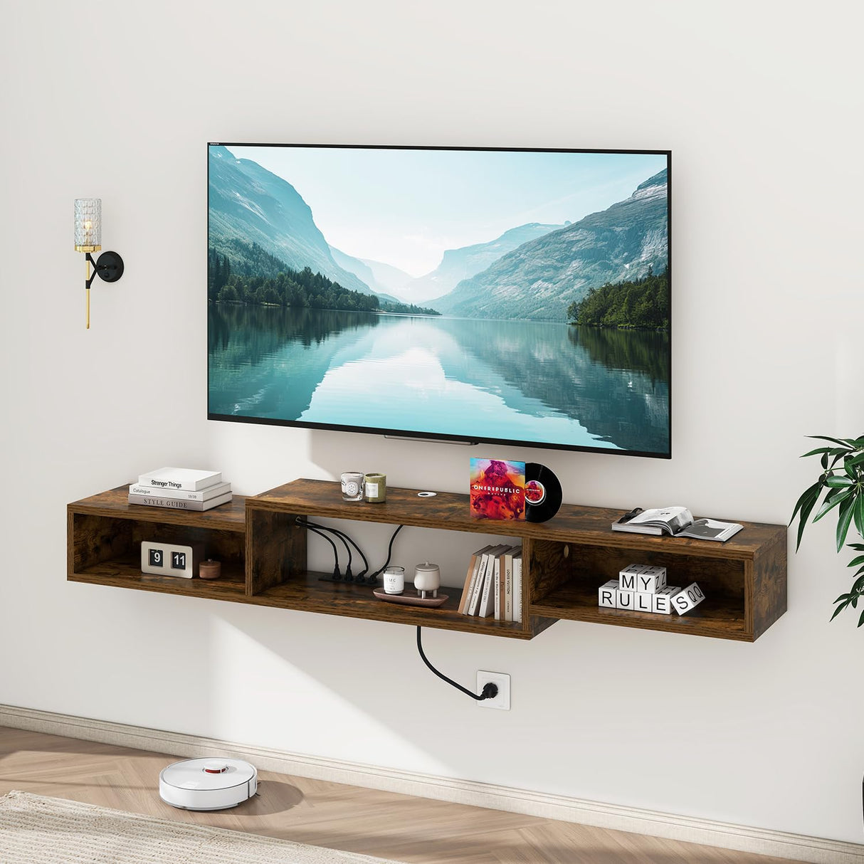 IBUYKE 71" Floating TV Stand Wall Mounted with Power Outlet,Wood Wall Mounted Media Console Shelf,Floating Entertainment Center for Under TV Storage for Living Room Bedroom Office,Rustic Brown WST008H IBUYKE