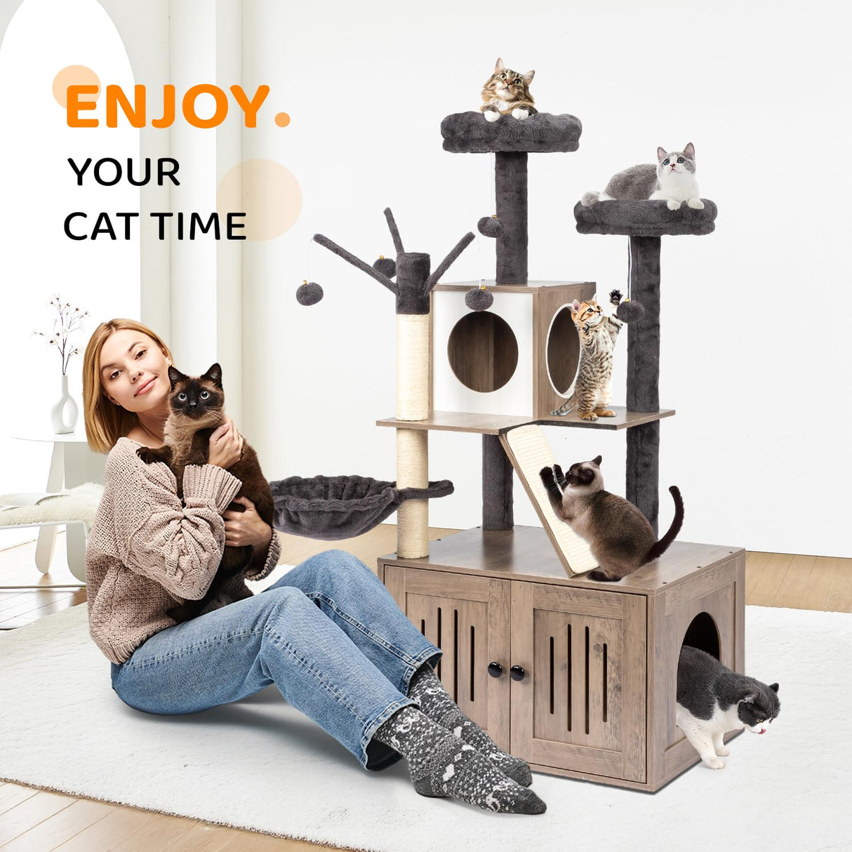 VINGLI Cat Tree Tower with Litter Box, Houses for Indoor Kittens, 53" All-in-1 Wooden Cats Condo, Cat Tower wih Scratching Posts, Hidden Cat Washroom Furniture, Gray VINGLI