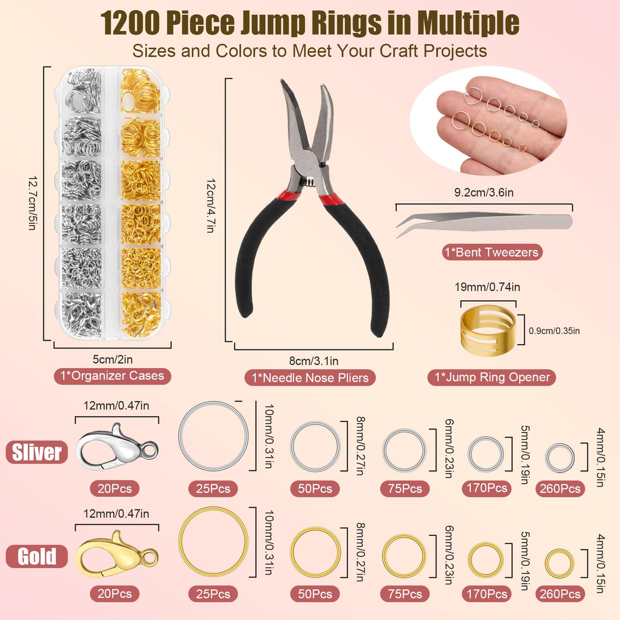 Amrules 1200 Pcs Jump Rings for Jewelry Making Supplies, Necklace Repair Kit with Open/Close Tools, Pliers, Tweezers, Lobster Clasps, Jewelry Jump Rings for Crafts and Key Chains (Silver and Gold) Amrules