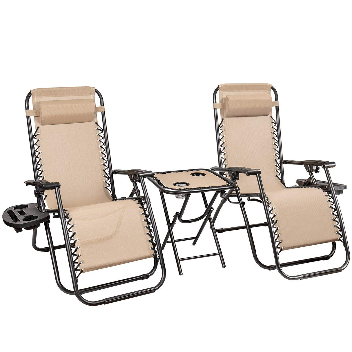 Homall 3 Pcs Zero Gravity Chair Patio Folding Recliner Outdoor Chaise Lounge Chairs Portable Reclining Chair Set with Side Table (Beige) Homall