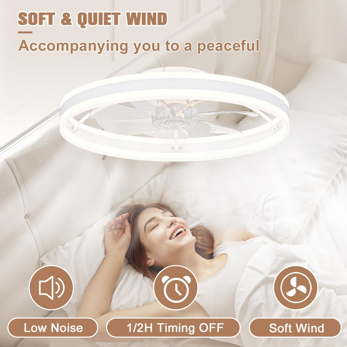 VOLISUN Low Profile Ceiling Fans with Lights and Remote, 23.6in Flush Mount Ceiling Fans with Light, 3000K-6500K Dimmable Fandelier LED Fan Light, White Bladeless Ceiling Fans with Lights for Bedroom VOLISUN