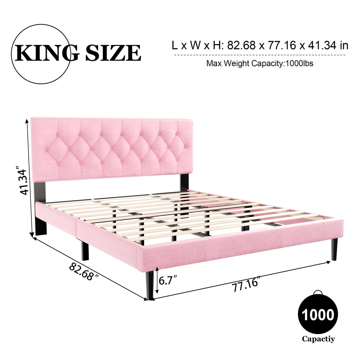 HAOARA King Size Platform Bed Frame with Upholstered Button Tufted Headboard, Mattress Foundation with Wooden Slat Support, Noise Free, No Box Spring Needed, Easy Assembly, Pink Velvet HAOARA