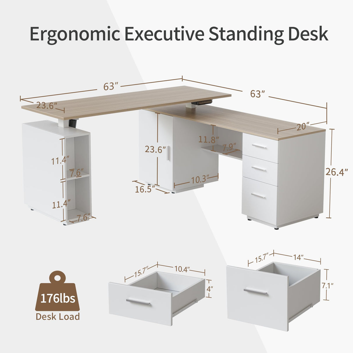 FEZIBO Electric Height Adjustable Stand up Desk for Home Office, 63" L Shaped Executive Standing Desk with 3-Drawer File Cabinet, Computer Desk with Storage Cabinets, White Frame/Light Walnut Top FEZIBO