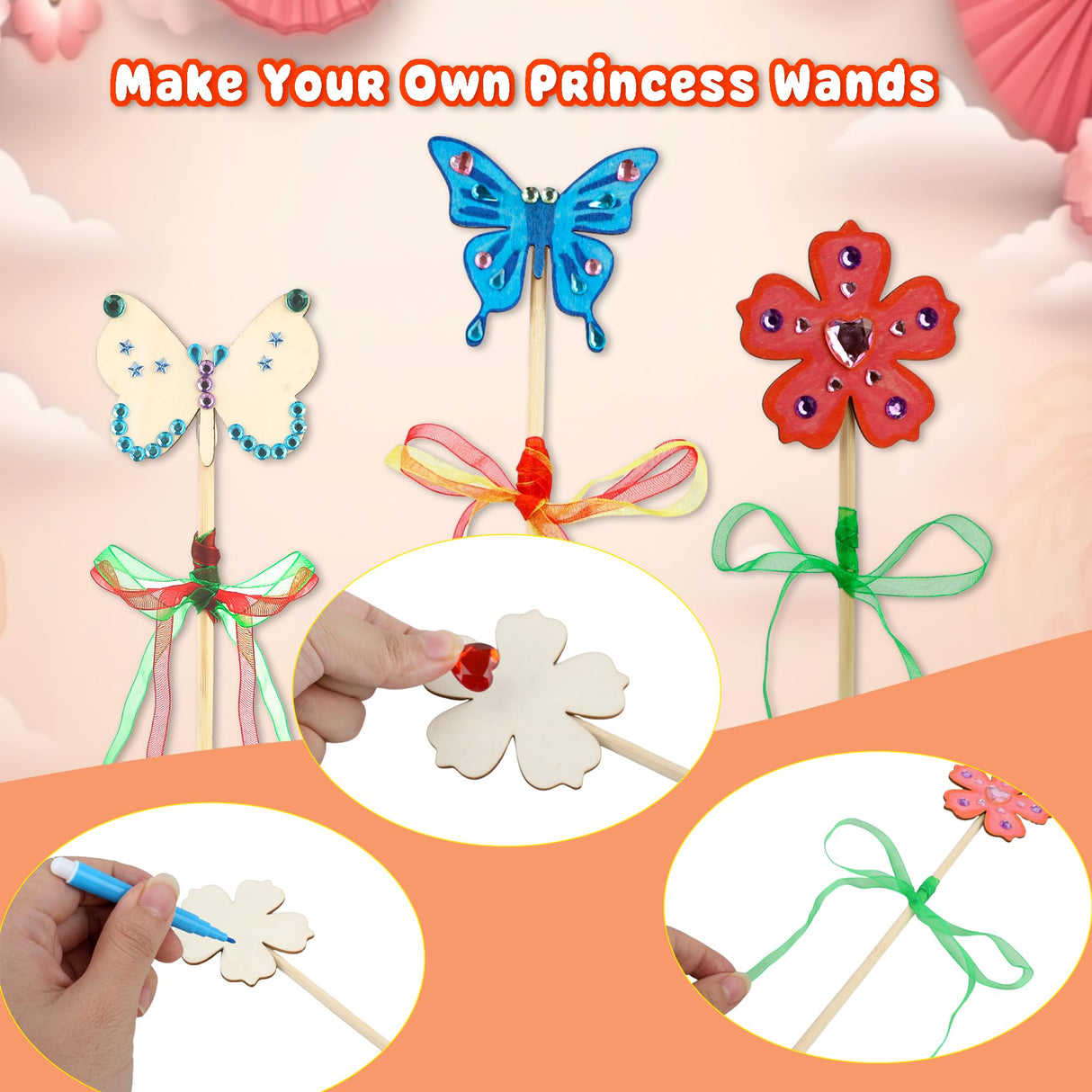 Kugliwa 59 Pcs Princess Fairy Wands Craft Kit DIY Wooden Fairy Wands Include 20 Unfinished Fairy Wands 7 Gem Stickers 20 Ribbons 12 Markers for Birthday Party Supply Kugliwa
