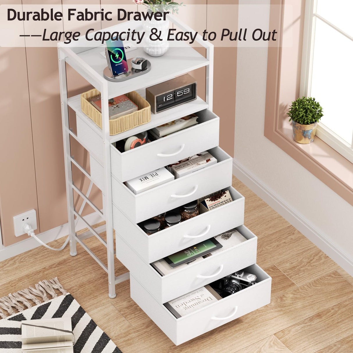 Furnulem White Nightstand with 5 Storage Drawer, Tall Dresser for Bedroom with Led Light and Charging Station, Side Table Nightstand for Closet, Fabric Bins, Metal Frame, Wood Shelf(White) Furnulem