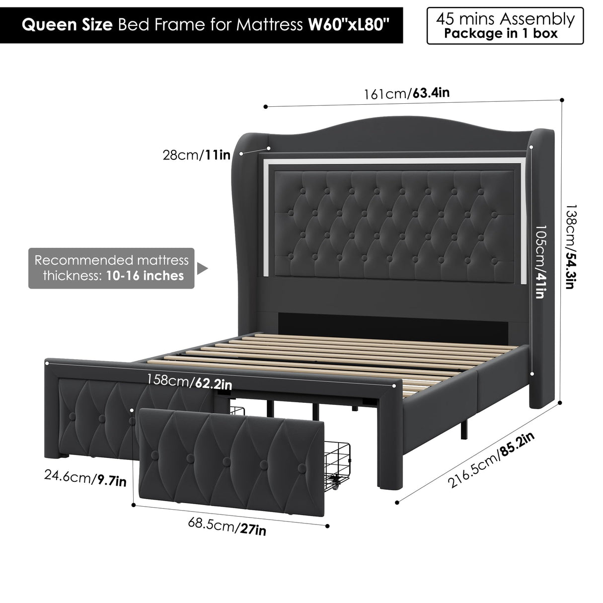 Queen Bed Frame 55" Tall Headboard with LED Lights, Buttons Tufted Velvet Upholstered Platform Bed Frame with 2 Storage Drawers, Wood Slats Support Mattress Foundation, No Box Spring Needed, Grey Keyluv