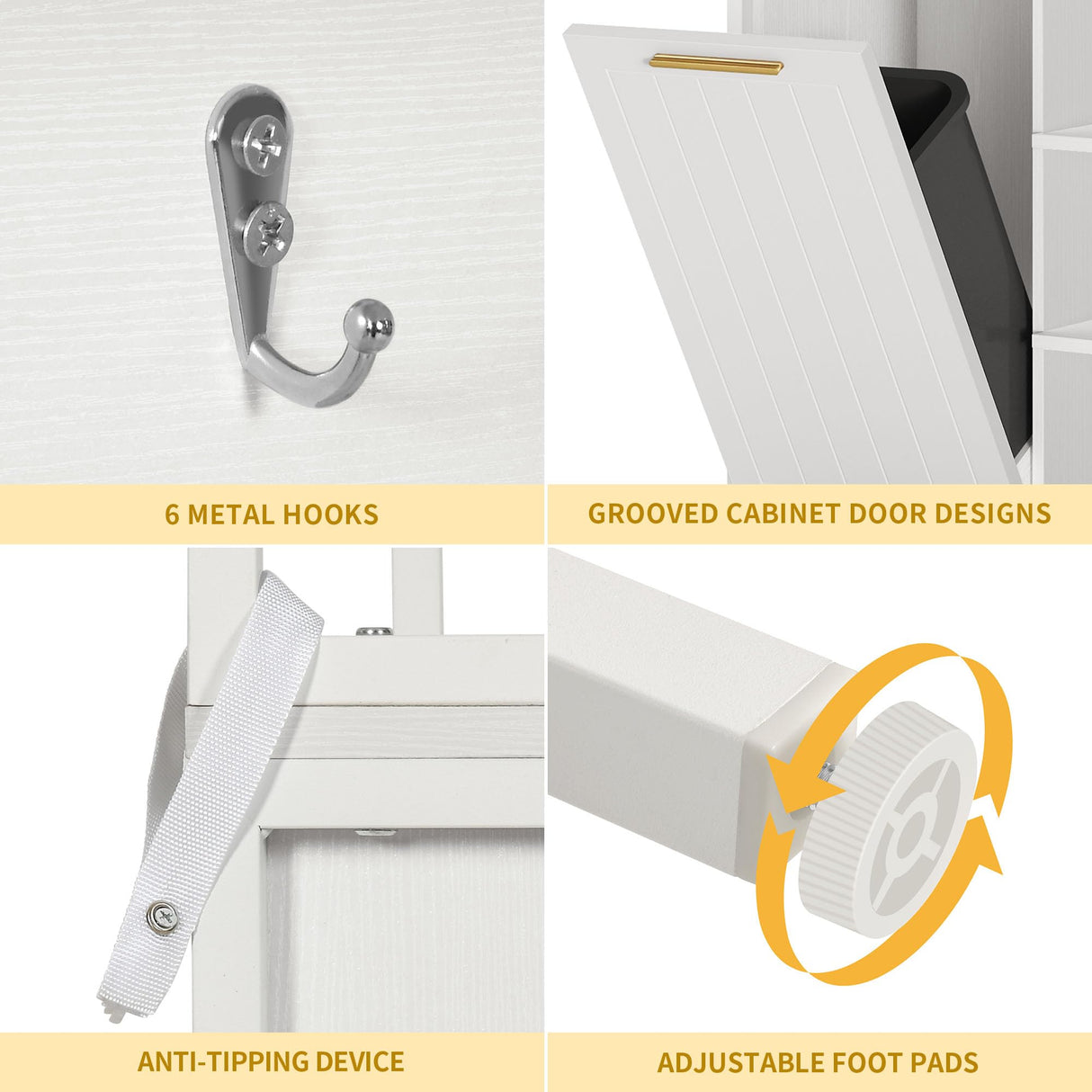 DWVO White Bakers Rack with Trash Can Bin Cabinet and Power Outlet, Microwave Stand Cabinet with 6 Hooks, 6-Tiers Farmhouse Kitchen Tall Thickened Coffee Bar Table Station with Storage Shelf DWVO