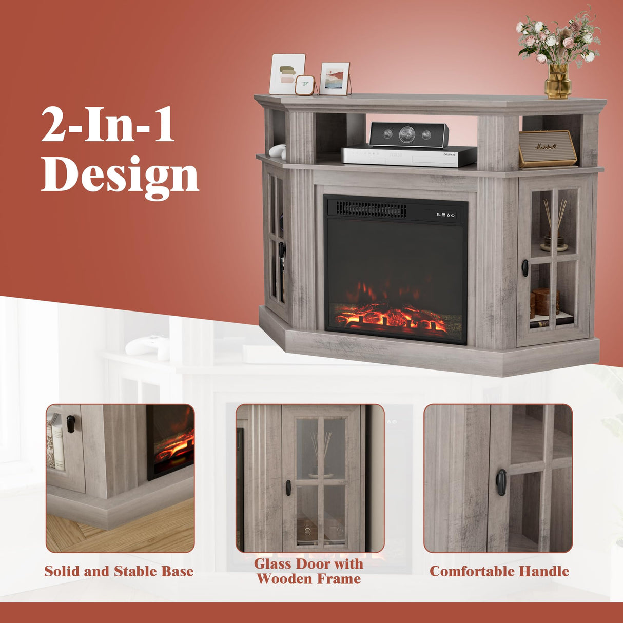 Furmax Fireplace Corner TV Stand for TV Up to 55 Inch, Modern TV Console with 18 Inch Electric Fireplace, Entertainment Center with Open Shelf and Storage Cabinets for Living Room, Rustic Oak Furmax