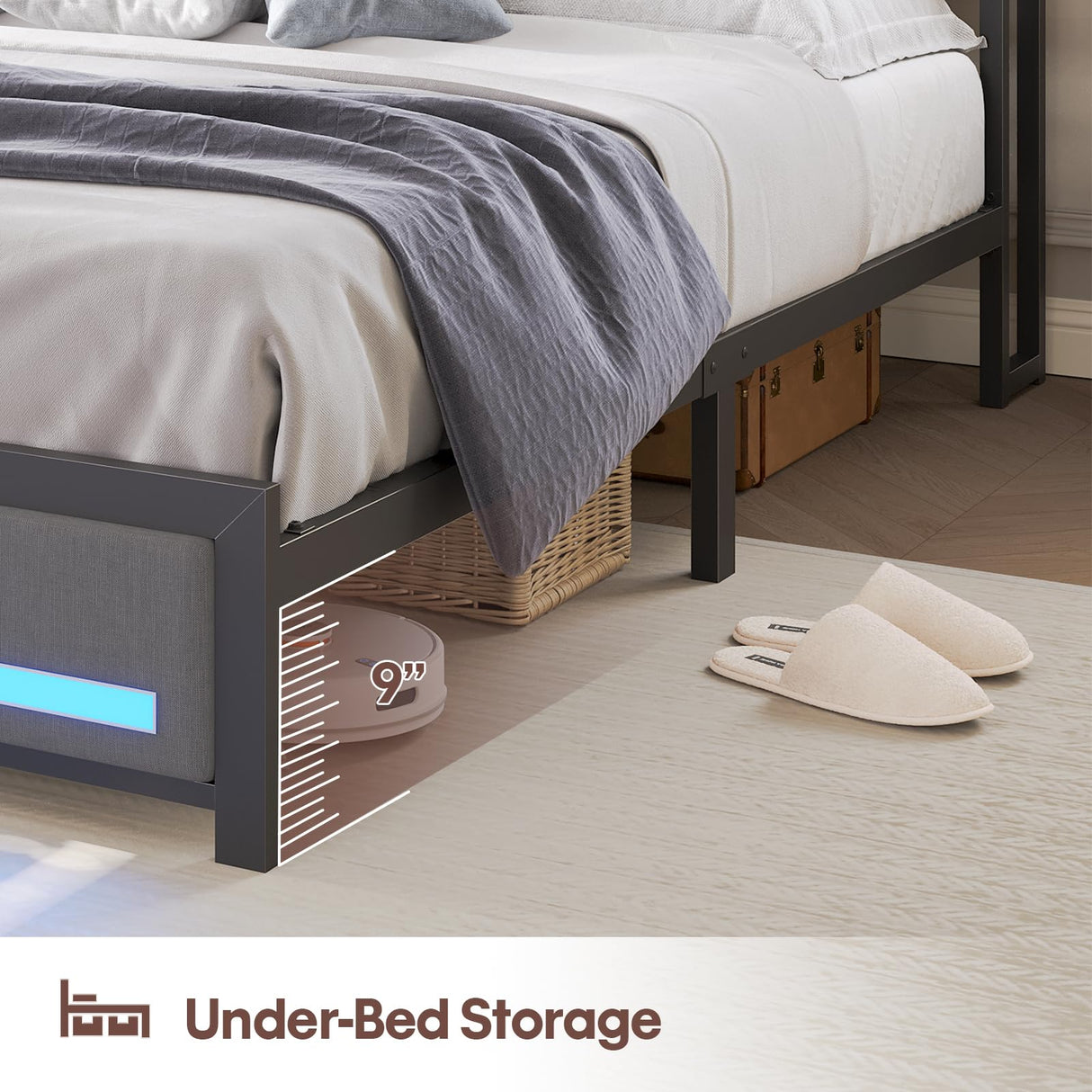 busyaeh King Size Bed Frame with Upholstered Storage Headboard, King Bed Frame with Smart LED Lights, Camas King Bed with Charging Station,Noise-Free, Metal Support, No Box Spring Needed, Gray busyaeh