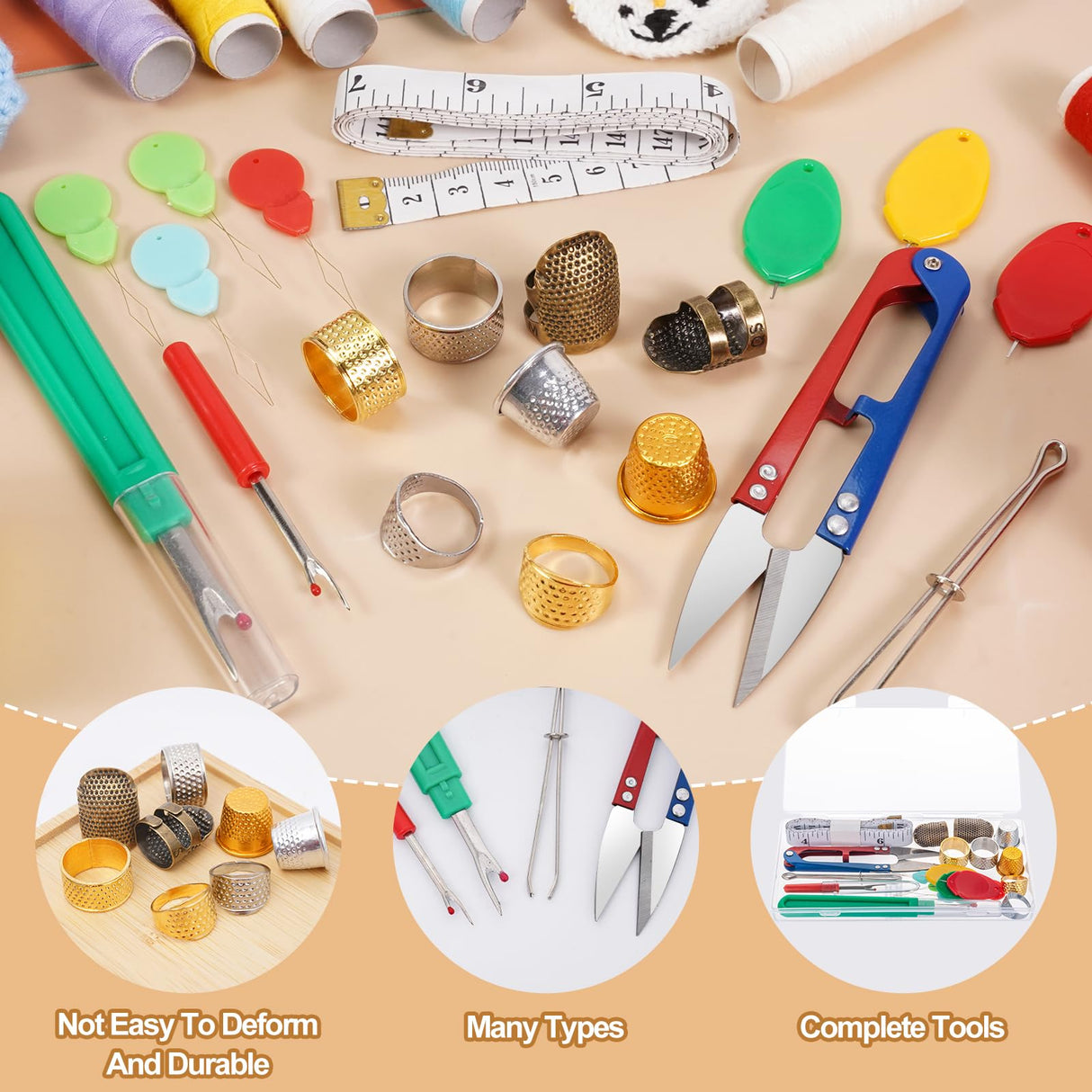 CousDUoBe Sewing Thimble Kit,thimbles for Hand Sewing,Needle threaders,Seam Rippers for Sewing,Measuring Tape and Thread Snips, Hand Embroidery Craft(Complete Sewing Kit) CousDUoBe