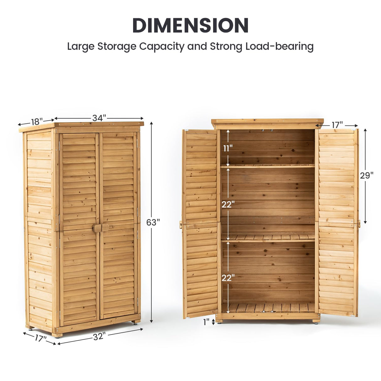 TAKUKA Outdoor Storage Cabinet with 3 Shelves, Wooden Garden Shed with Double Doors& Waterproof Roof, Outside Utility Tall Tool Organizer for Garden Farm Backyard TAKUKA