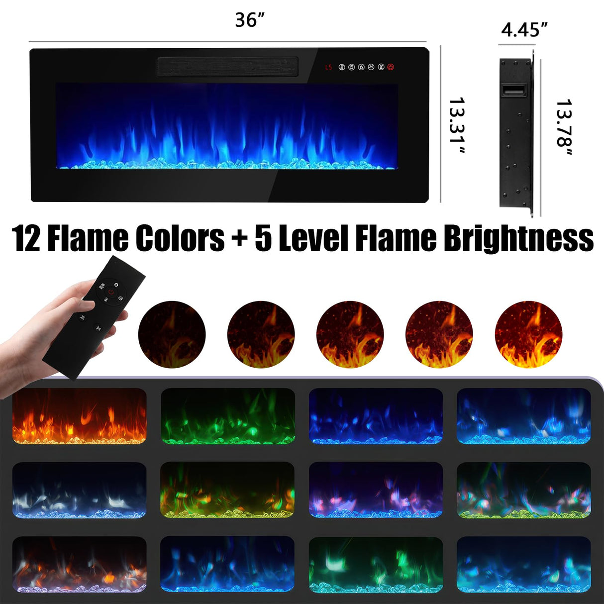 PRETZI 70" Modern Fireplace TV Stand with 36" Electric Fireplace for TVs Up to 80 inch, Luxury LED Light Entertainment Center with High Gloss Cabinet, TV Consoles for Living Room, Black PRETZI