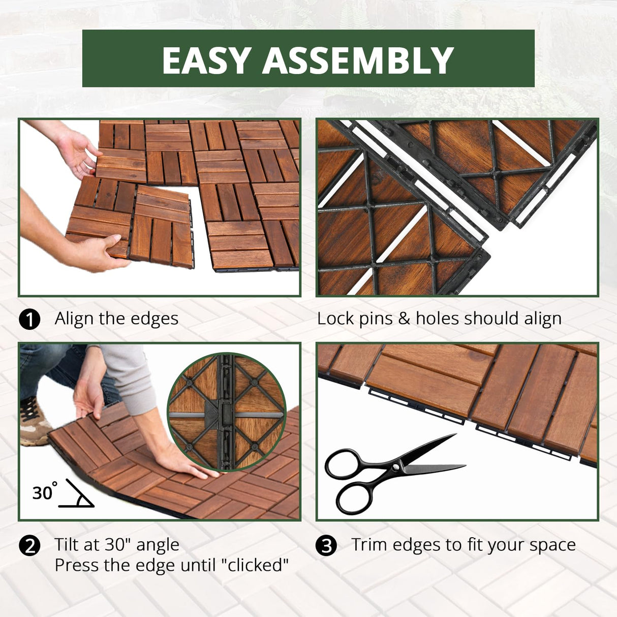 BEEFURNI Acacia Interlocking Deck Tiles (12x12 Pack 10), Acacia Wood Deck Tiles Interlocking Outdoor, Indoor Flooring Mats for Balcony Decor,Patio, Backyard, 1-Year Manufacturer Warranty (Dark Brown) BEEFURNI