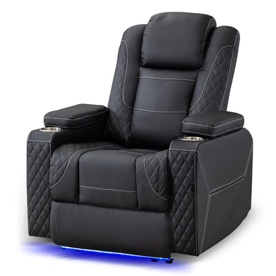 TUNYI Home Theater Recliner Chair - Power Recliner Sofa Chair with Adjustable Headrest Faux Leather Reclining Chair with USB/Storage/LED Light/Cup Holder (Black, 1 PC)