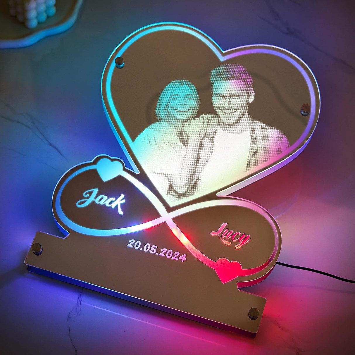 VEELU Personalized Infinity Love Name Mirror LED Light - Custom Heart Light Up Mirror Picture Frame with Photo, Customize LED Night Light Mirror Anniversary Couples Gifts for Women and Men VEELU