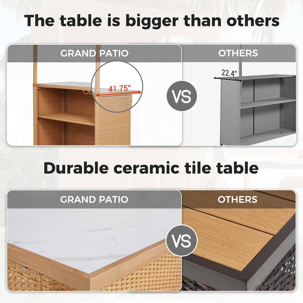 Grand patio Outdoor Tiki Bar Set with Widen Ceramic Top (42" W), Phuket 3-Piece Wicker Islander Tiki Bar and 2 Stools Storage for Garden, Natural Grand patio