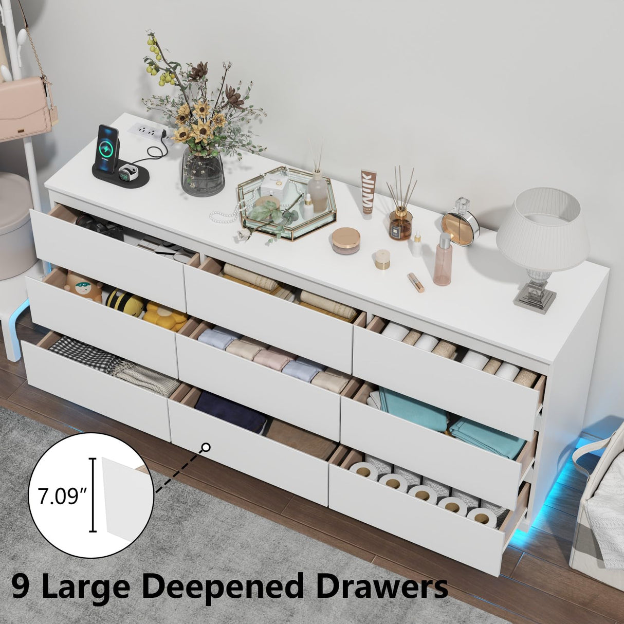 Gyfimoie 9 Drawer Dresser with Power Outlet, Floating White Dresser Chest of Drawer with LED Light,Modern Double Wide Drawer Organizer Cabinet for Bedroom,Living Room (9 Drawer-White) Gyfimoie