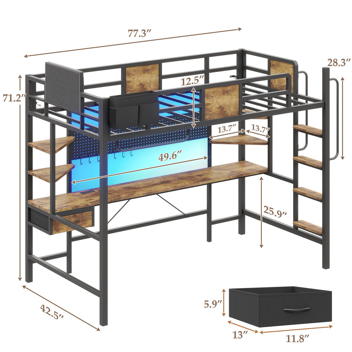 Dnxao Loft Bed Twin Size with Desk,Twin Loft Bed with Storage Organizer,LED Lights and Charging Station, Bunk Bed with Desk, Space Saving, Noise Free, No Box Spring Needed,Rustic Brown Dnxao