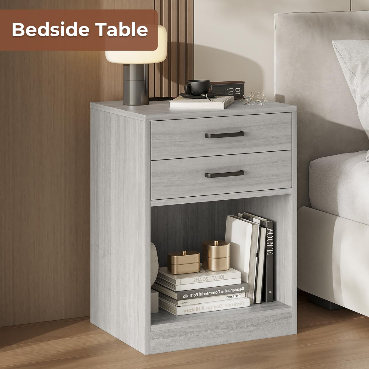 ADORNEVE Nightstands Set of 2,Grey Nightstand with Charging Station & Drawers,Night Stands for Bedrooms Set of 2 ADORNEVE