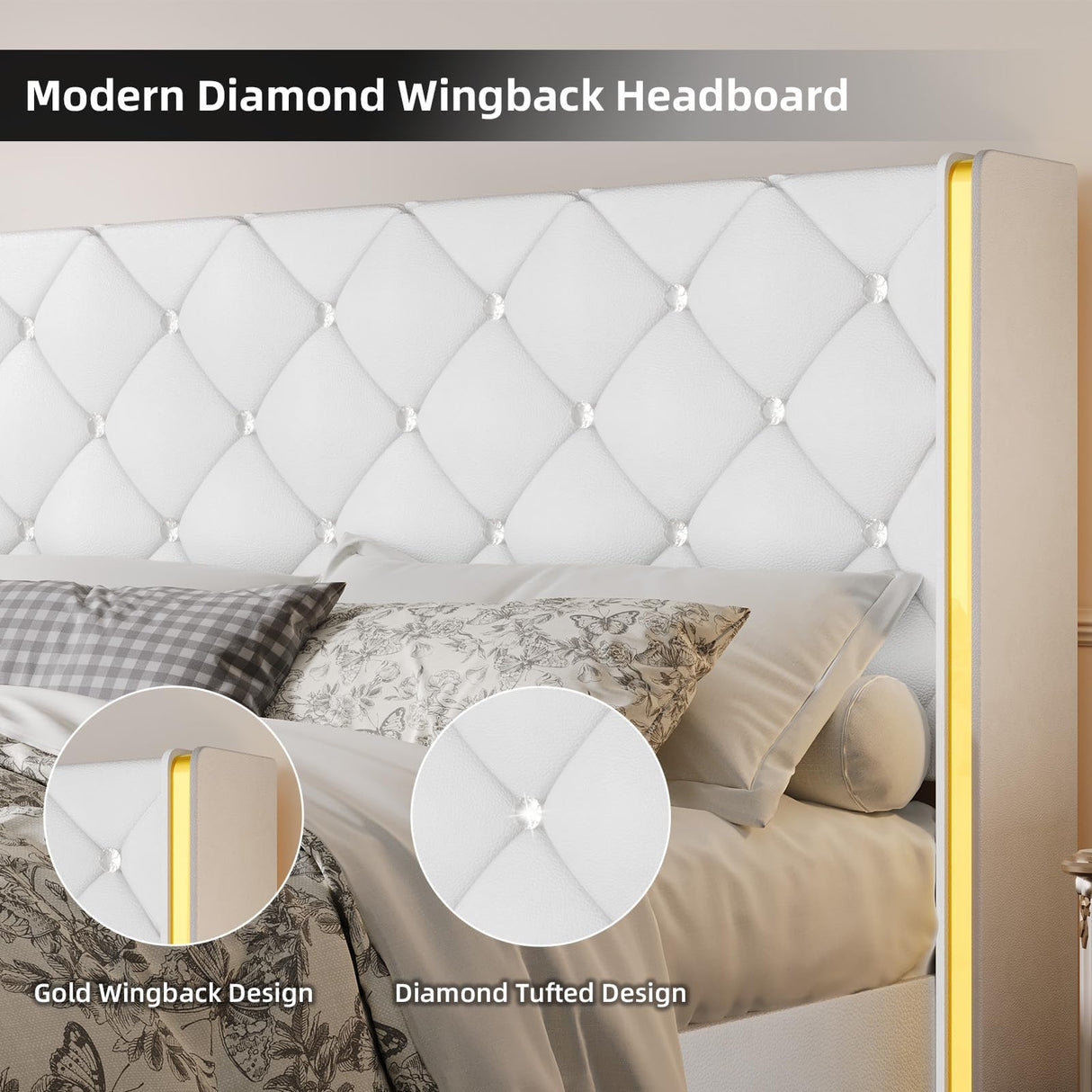 Full Bed Frame with Headboard, PU Leather Platform Bed with Wingback, Modern Bed Frame with Diamond Tufted, No Box Spring Needed, Easy Assembly, White HOMBCK