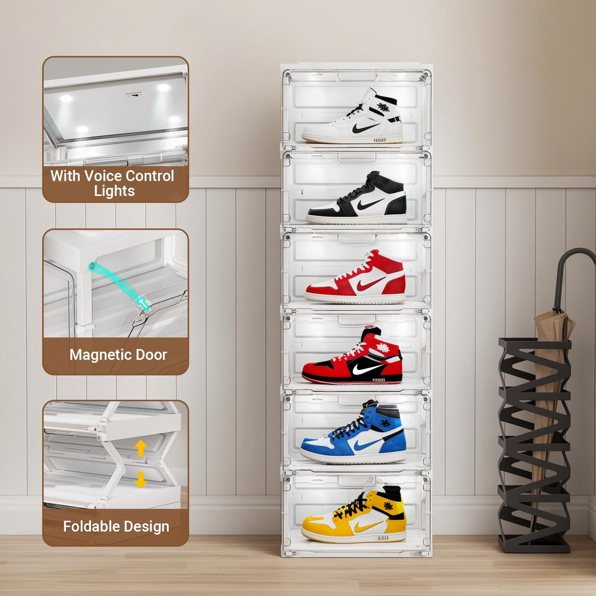 BROVIEW Led Shoe Boxes, Shoe Display Case with Lights, Large Clear Plastic Foldable Shoe Storage Box, Voice Activated Led Shoe Organizer Sneaker Case, Collection Crate, 1 Row 6 Tier White BROVIEW
