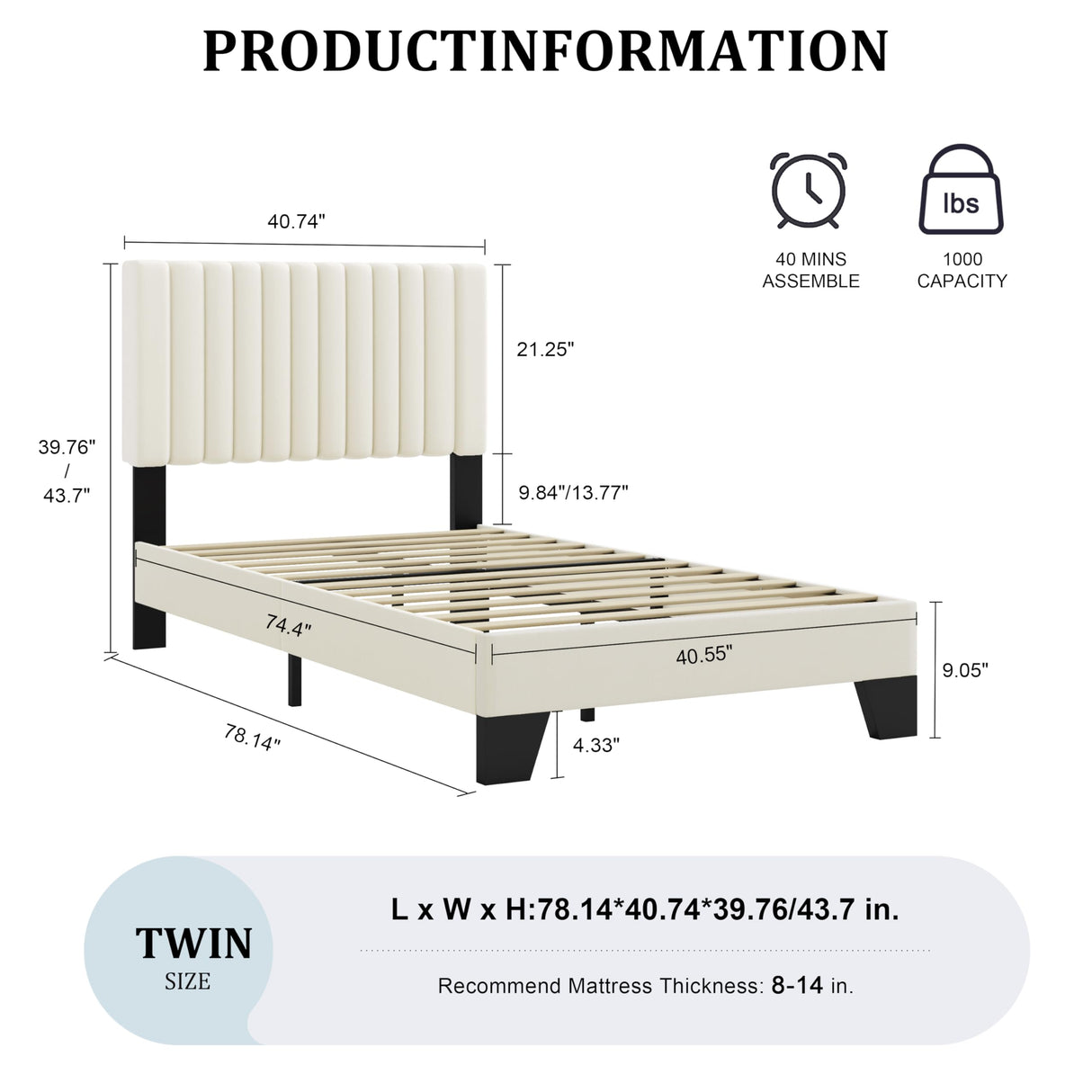 AILUNWALL Twin Size Bed Frame, Velvet Upholstered Platform Bed with Adjustable Tufted Headboard, Sturdy Frame and Slats, No Noiseless, No Box Spring Required, Easy Assembly, Beige AILUNWALL