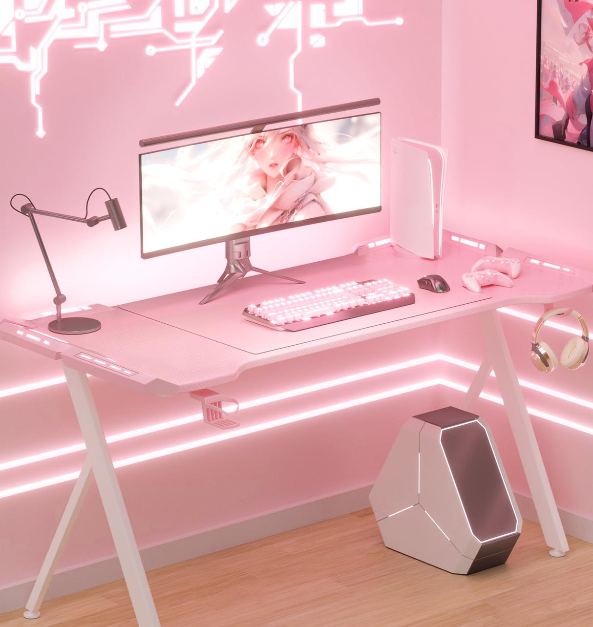 Dowinx Gaming Desk with LED Lights, RGB Gaming Computer Table with Carbon Fibre Surface, LED Home Office Desk with Remote Control, Pc Workstation with Cup Holder and Headphone Hook, 47 Inch, Pink Dowinx